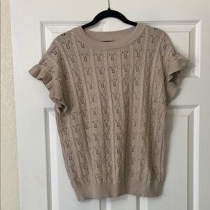 Tan Ruffled Knit Blouse with Ribbed Details